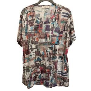 Jess & Jane Top Women's Medium Multi Abstract Art To Wear Boho Slub Shirt Artsy